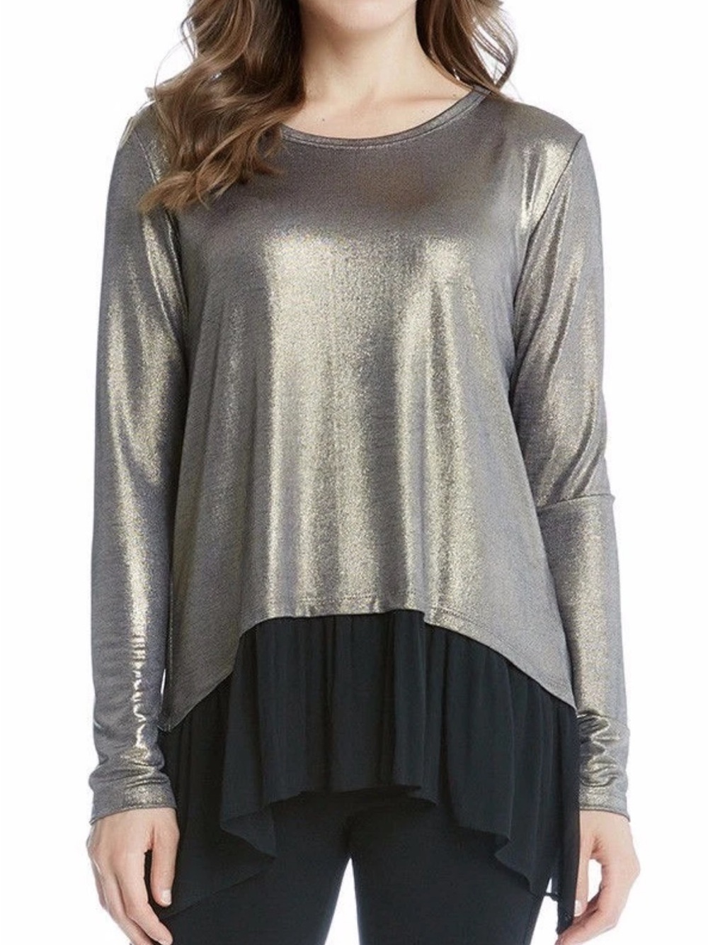 Karen Kane Women’s Size XL Metallic Gold & Black Chiffon Hem Layered Tunic Top